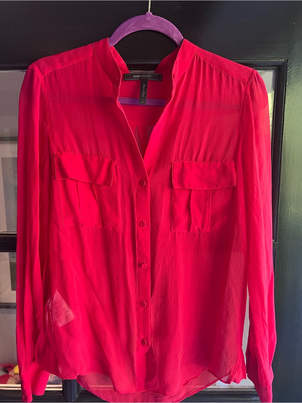 BCBGMaxAzria Vibrant Fuchsia Sheer Button-Up Blouse